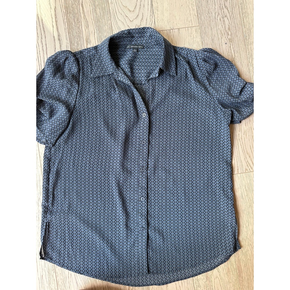 Adrianna Papell Womens Navy Blue Geometric Diamond Puff Sleeve Blouse Small